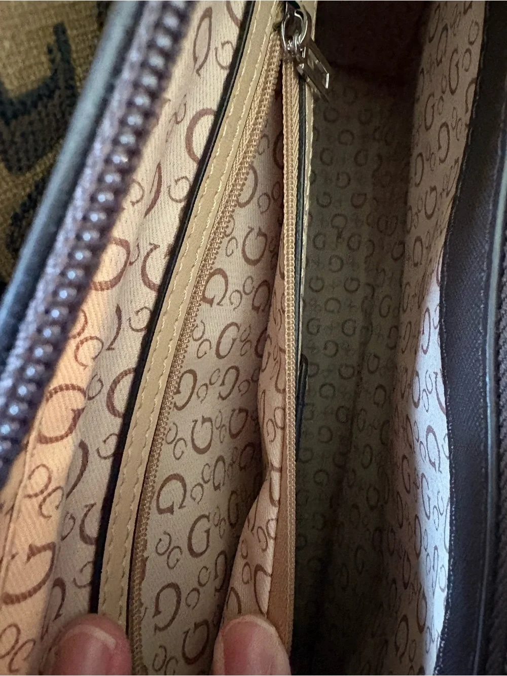 GUESS Brown Logo Jacquard Tote with Dark Brown Trim